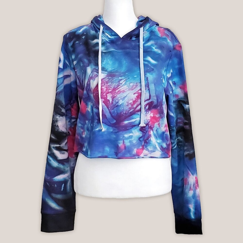 Ethereal Tie Dye Hoodie Crop Top | Blue Pink Black Long Sleeve Yoga Shirt